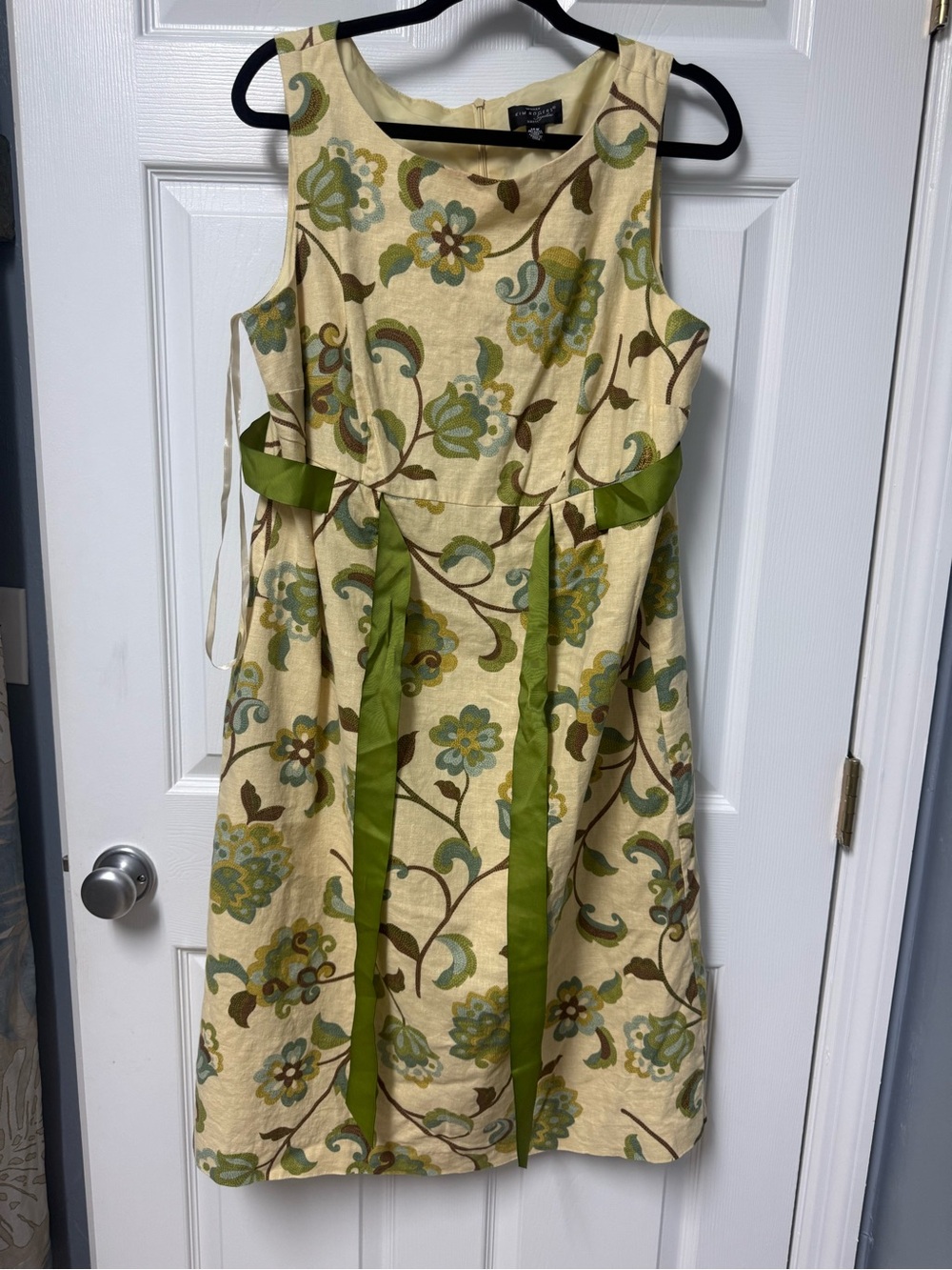 Kim Rogers Cream Floral A-Line Dress with Green Accents